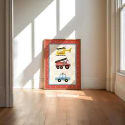 Emergency Services, Boys Bedroom Print, Vehicle Fire Truck, Police Car, Children's Wall Art, Toddler Bedroom, Kids Playroom, Red Blue - thumbnail 1