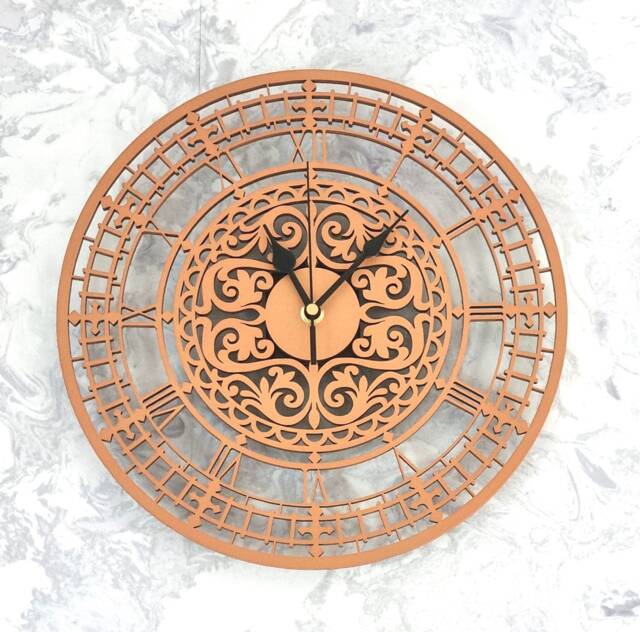 Copper Wall Clock Silent Non Ticking Roman Numerals Orange Metallic Mandala Ornament Gift - image 1