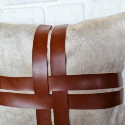 Cream Velvet Pillow Cover Cognac Faux Leather Straps, 16x16 - thumbnail 2