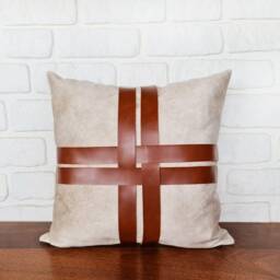 Cream Velvet Pillow Cover Cognac Faux Leather Straps, 16x16 - thumbnail 4