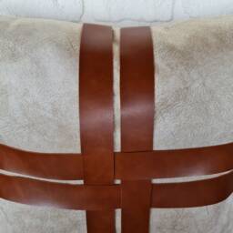 Cream Velvet Pillow Cover Cognac Faux Leather Straps, 16x16 - thumbnail 3