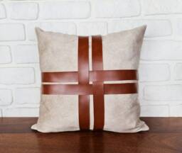 Cream Velvet Pillow Cover Cognac Faux Leather Straps, 16x16
