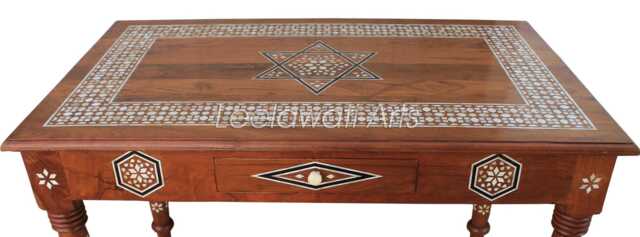 Handmade Wood Inlay Table - Mother Of Pearl Desk For Living Room Furniture - image 1