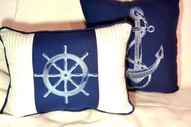Set Of 2 Nautical Pillows, Blue Ticking Stripe With Ships Wheel & Anchor Embroidery - image 1