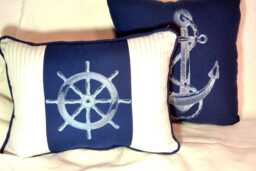 Set Of 2 Nautical Pillows, Blue Ticking Stripe With Ships Wheel & Anchor Embroidery - thumbnail 1