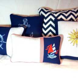 Set Of 2 Nautical Pillows, Blue Ticking Stripe With Ships Wheel & Anchor Embroidery - thumbnail 2