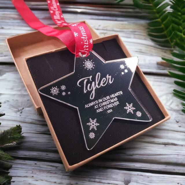 Personalised Memorial Mirrored Christmas Tree Star Decoration - Perfect Way To Remember A Loved One This Any Name Engraved - image 1
