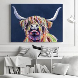 Highland Cow Canvas Print, Cheeky Navy Blue Home Decor - thumbnail 2