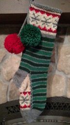 Hand Knit Christmas Stocking Gray Green Stripe Sparkle Snowflakes By Santa's Works - thumbnail 1