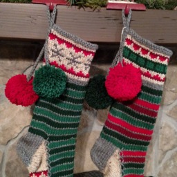 Hand Knit Christmas Stocking Gray Green Stripe Sparkle Snowflakes By Santa's Works - thumbnail 2