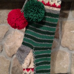 Hand Knit Christmas Stocking Gray Green Stripe Sparkle Snowflakes By Santa's Works - thumbnail 3
