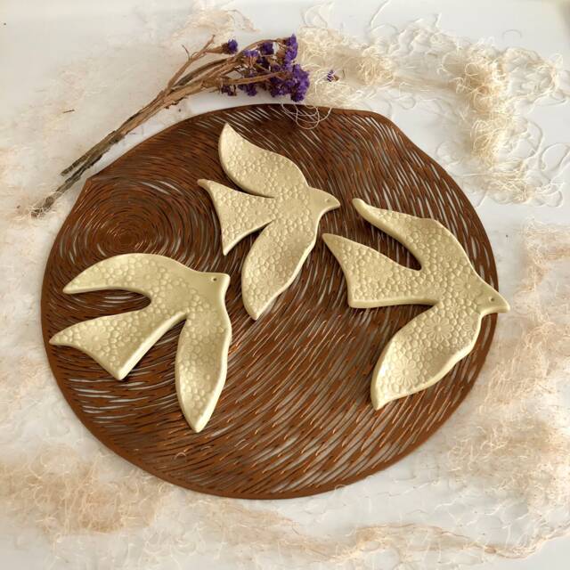 Handmade Set Of 2 Yellow Flower Textured Ceramic Swallows - Bird Wall Decor, Host Gift - image 1