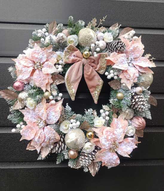 Deluxe Flocked Pink Poinsettia Wreath - 60cm Handmade Elegant Christmas Decor