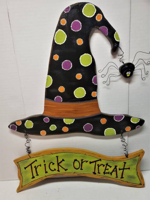Halloween Trick Or Treat Witch Hat Black Orange Green Hanging Spider Wooden Door Wall Decoration Hand Crafted - image 1