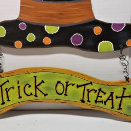 Halloween Trick Or Treat Witch Hat Black Orange Green Hanging Spider Wooden Door Wall Decoration Hand Crafted - thumbnail 2