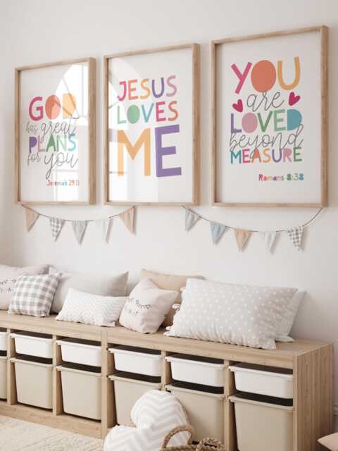 Set Of 3 Bible Verse Prints, Christian Wall Art, Rainbow Girls Nursery Bedroom, Jesus Loves Me - image 1