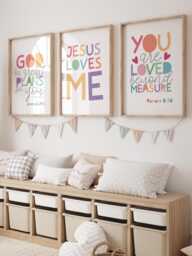 Set Of 3 Bible Verse Prints, Christian Wall Art, Rainbow Girls Nursery Bedroom, Jesus Loves Me - thumbnail 1