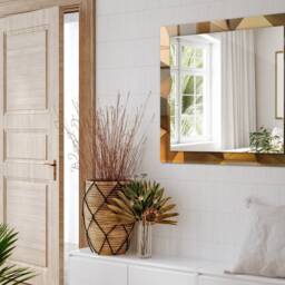 Golden Geometric Patterns Mirror, Rectangular Mirror With Frame, Brown Wall Printed Decorative Bathroom - thumbnail 3
