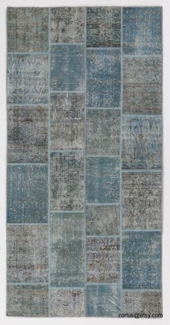 Handmade Turkish Patchwork Rug, Faded Blue & Gray - image 1