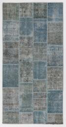 Handmade Turkish Patchwork Rug, Faded Blue & Gray - thumbnail 1