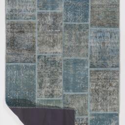 Handmade Turkish Patchwork Rug, Faded Blue & Gray - thumbnail 2