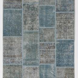Handmade Turkish Patchwork Rug, Faded Blue & Gray - thumbnail 3