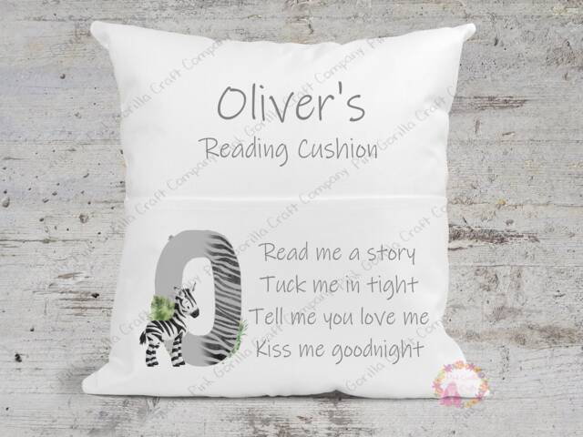 Personalised Cushion, Pocket Child Pillow, Book Holder, Pillow For Child, Sleep Aid, Zebra Reading Zebra - image 1