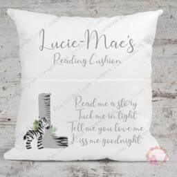 Personalised Cushion, Pocket Child Pillow, Book Holder, Pillow For Child, Sleep Aid, Zebra Reading Zebra - thumbnail 2