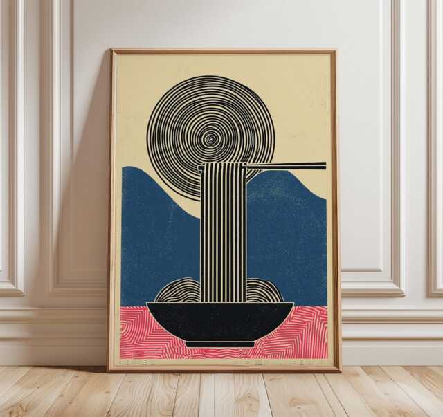 Japanese Noodles Poster, Minimalist Asian Art Print, Blue & Pink Culinary Wall Art, Modern Zen Decor, Retro Food Graphic Artwork - image 1