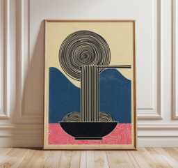 Japanese Noodles Poster, Minimalist Asian Art Print, Blue & Pink Culinary Wall Art, Modern Zen Decor, Retro Food Graphic Artwork - thumbnail 1