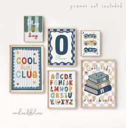 Personalised Set Of 6 Gallery Wall Prints in Bright Colours, Boy Toddler Bedroom & Playroom Decor, Neutral Kids Room Art - thumbnail 1