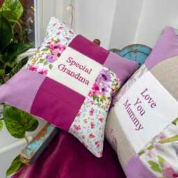 Love You Mummy Cushion Handmade Embroidered Floral Patchwork Pillow, Mother's Day Gift - thumbnail 4