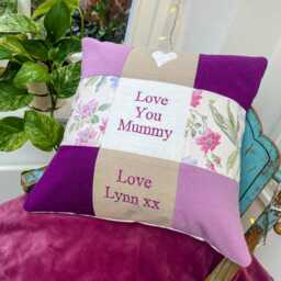Love You Mummy Cushion Handmade Embroidered Floral Patchwork Pillow, Mother's Day Gift - thumbnail 2
