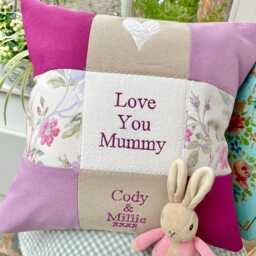 Love You Mummy Cushion Handmade Embroidered Floral Patchwork Pillow, Mother's Day Gift - thumbnail 3