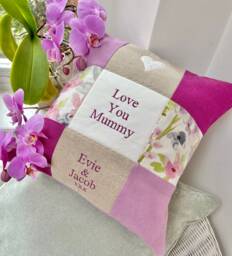 Love You Mummy Cushion Handmade Embroidered Floral Patchwork Pillow, Mother's Day Gift - thumbnail 1