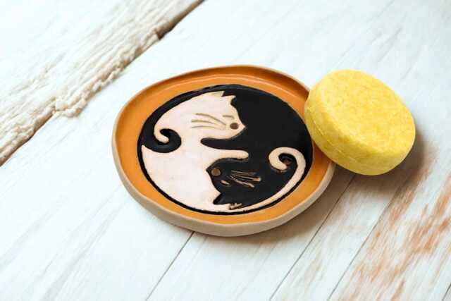 Cat Bathroom Decor Ceramic Soap Dish With Drain Bath Gift Yin Yang Design Artisanal Stoneware Pottery Handmade Lovers - image 1