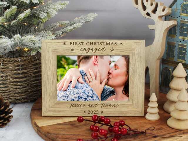 Personalised First Christmas Engaged Photo Frame- 1st Xmas Frame - Engagement Gift Keepsake Wooden Picture - image 1