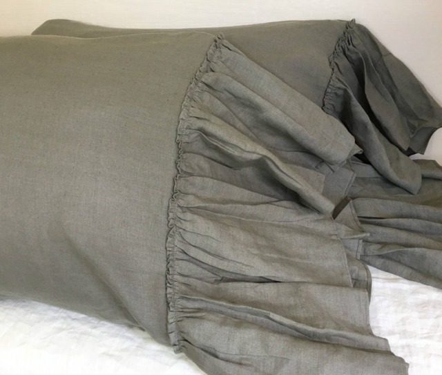 Medium Grey Linen Pillowcases With Mermaid Country Ruffles, A Pair, 2 Pieces - Rustic Style - image 1