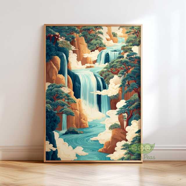 Ukiyo-E Waterfall Art Print, Japanese Landscape Wall Art, Hokusai Inspired Blue Green Decor, Japandi Home Artwork - image 1
