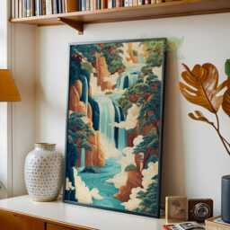 Ukiyo-E Waterfall Art Print, Japanese Landscape Wall Art, Hokusai Inspired Blue Green Decor, Japandi Home Artwork - thumbnail 2