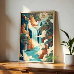 Ukiyo-E Waterfall Art Print, Japanese Landscape Wall Art, Hokusai Inspired Blue Green Decor, Japandi Home Artwork - thumbnail 3