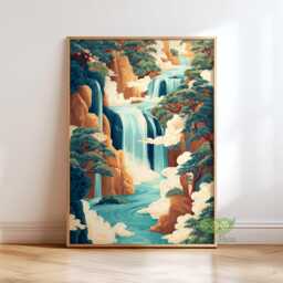 Ukiyo-E Waterfall Art Print, Japanese Landscape Wall Art, Hokusai Inspired Blue Green Decor, Japandi Home Artwork - thumbnail 1