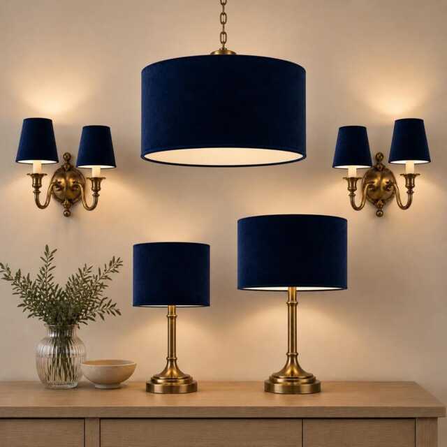 Deep Navy Velvet Lampshade - Handmade Candle Clip Or Drum Shade For Table Lamp, Wall Light Ceiling Pendant - image 1