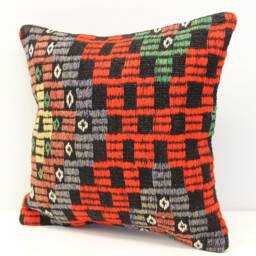 Handmade Kilim Pillow Cover 16x16, Boho Oriental Home Decor - thumbnail 3