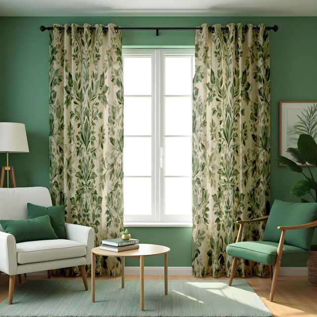 Green Leaf Curtains, Soft Botanical Pattern Drapes, Custom Size Window Panels For Living Room Or Bedroom - image 1