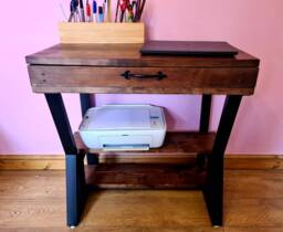 Reclaimed Wood Desk With Steel Legs Industrial Printer Shelf & Drawer - thumbnail 1