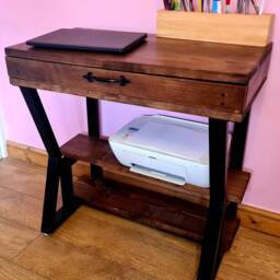 Reclaimed Wood Desk With Steel Legs Industrial Printer Shelf & Drawer - thumbnail 2