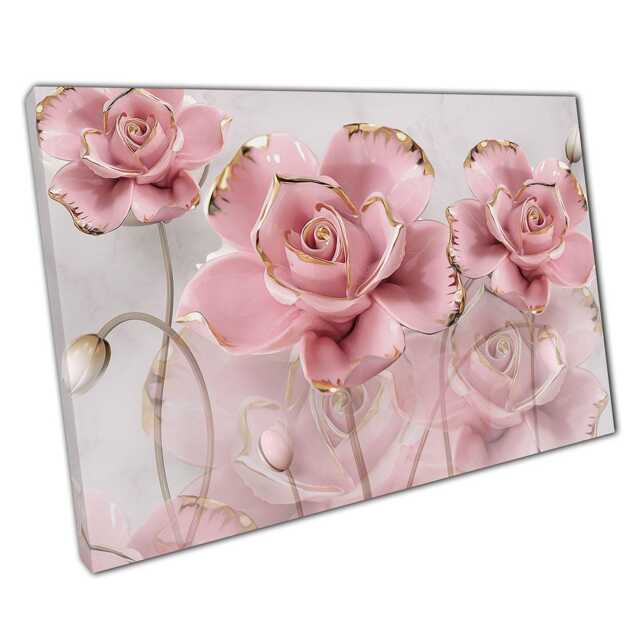 3D Pink Gold Roses Canvas Wall Art Print On Grey Marble Elegant Home Office Decor - image 1