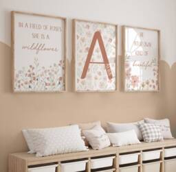 Girls Bedroom Prints, Girls Room Decor, Girl Wall Art, Nursery Decor, Floral, Boho, Neutral, Girly, Wildflower, Toddler, Personalised, Baby, Pink - thumbnail 1
