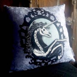 Unicorn Skeleton Cushion, Anatomical Unicorn Velvet Pillow Gothic Home Decor - thumbnail 2